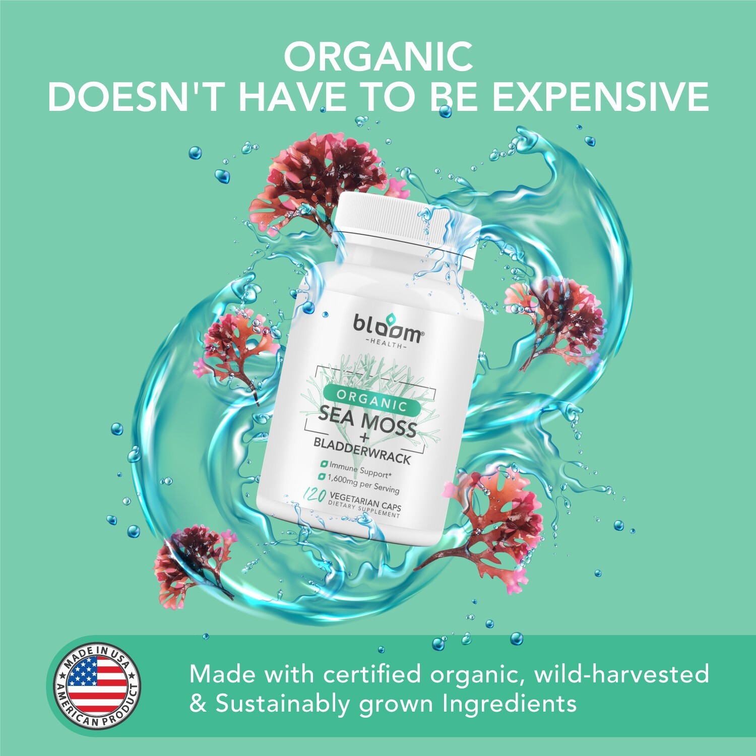 Organic Sea Moss: Thyroid & Liver Support, Detox Gut Health 120 Veg Caps, 1600mg