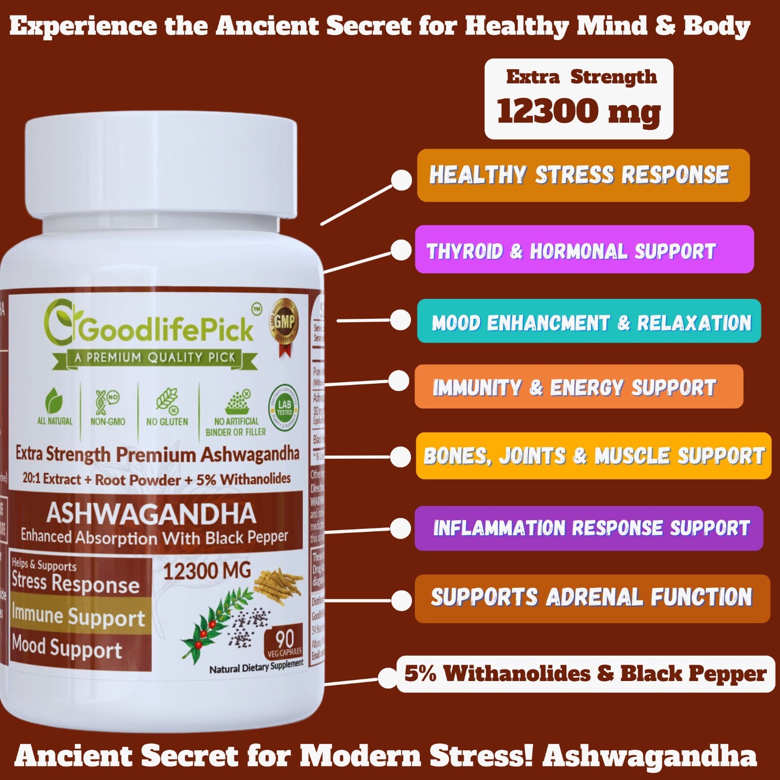 Best Ashwagandha 12300 mg with 5% Withanolides Black Pepper 90 cap Max Benefits
