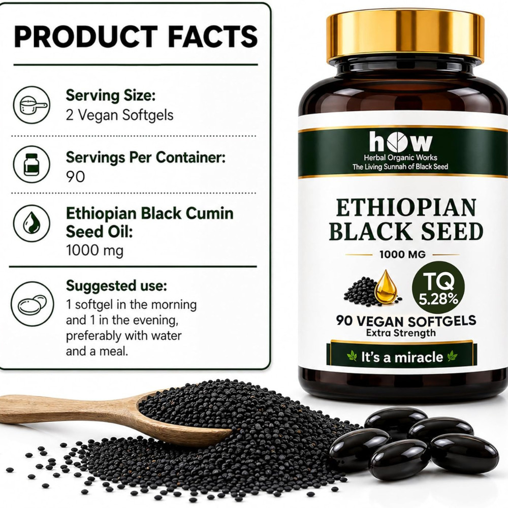 Black Seed Oil Capsules 1000mg 5.28% TQ Cold Pressed Vegan 90 Softgels