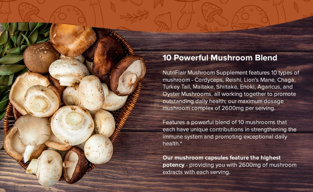 Mushroom Complex Supplement 2600mg, 10 in 1 Reishi, Lions Mane, Cordyceps, Chaga