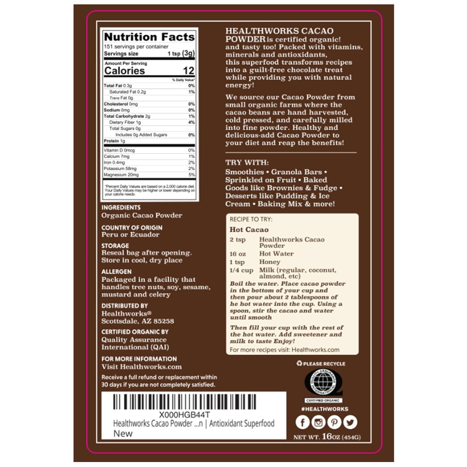 Peruvian Cacao Powder – Rich Chocolate Flavour – 1 Lb