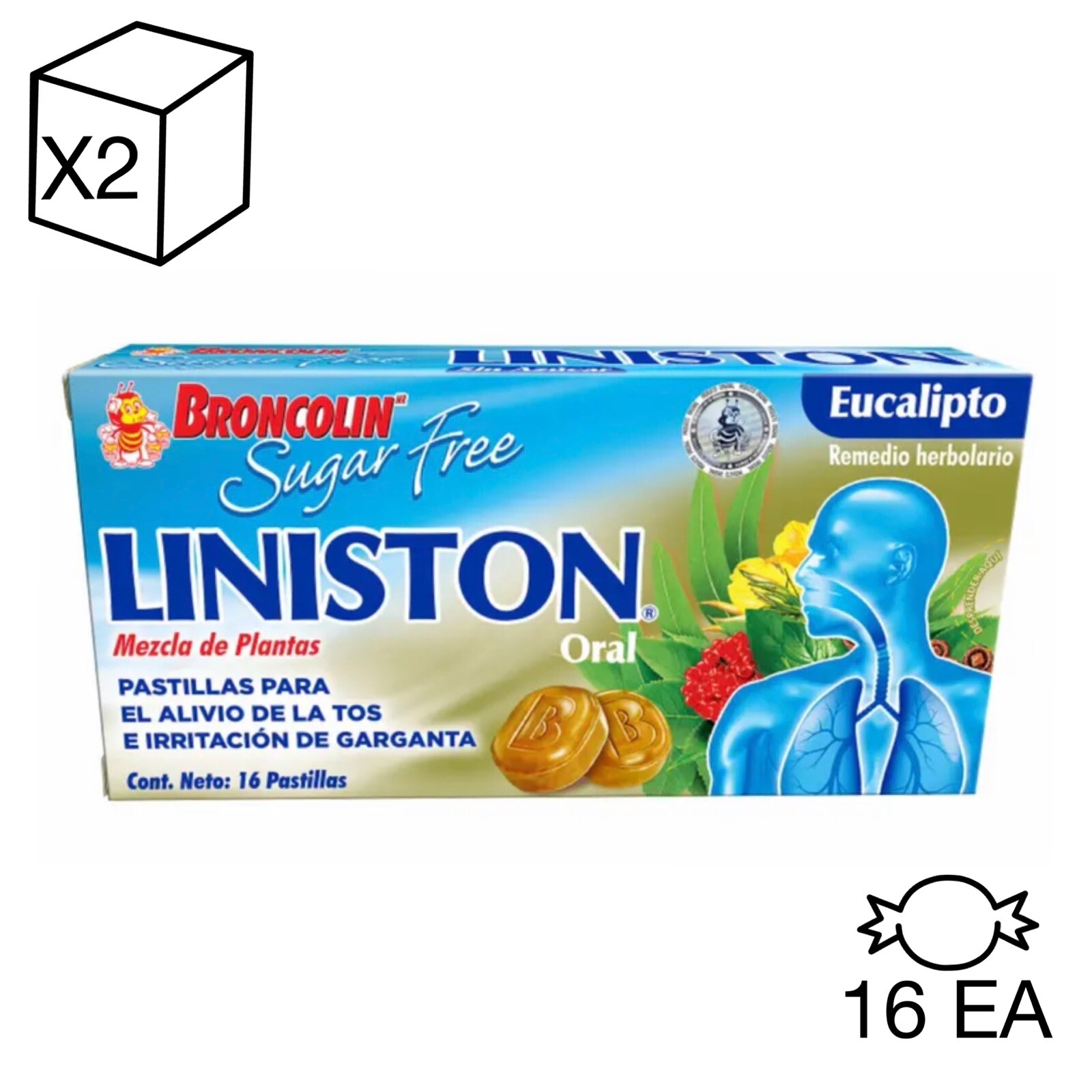 X2 SUGAR FREE LINISTON ORAL BRONCOLIN COUGH CANDIES 16 PCS/EA EUCALYPTUS FLAVOR