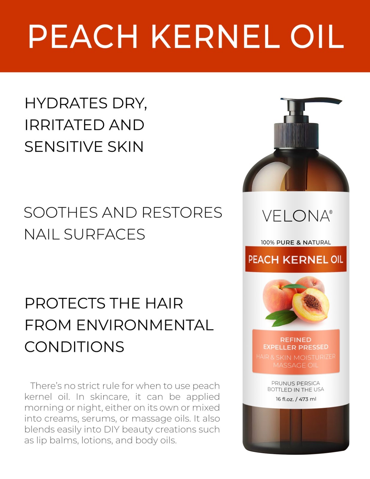 Peach Kernel Oil By Velona – 8 oz Refined Expeller pressed Skin, Hair Body Face