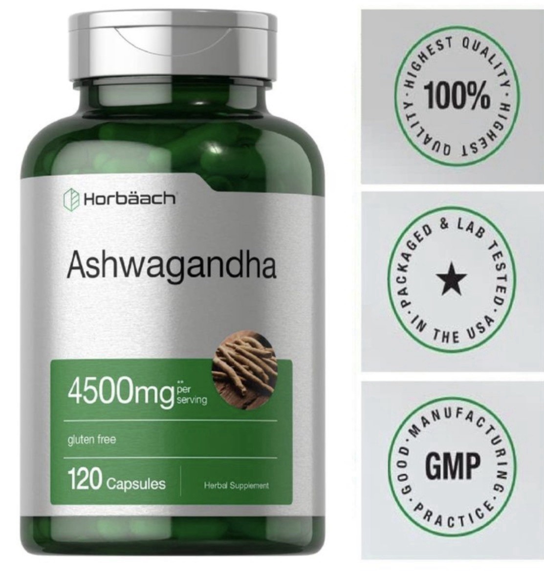 Horbaach Ashwagandha & Black Pepper 4500mg 120 Capsules Gluten-Free Non-GMO