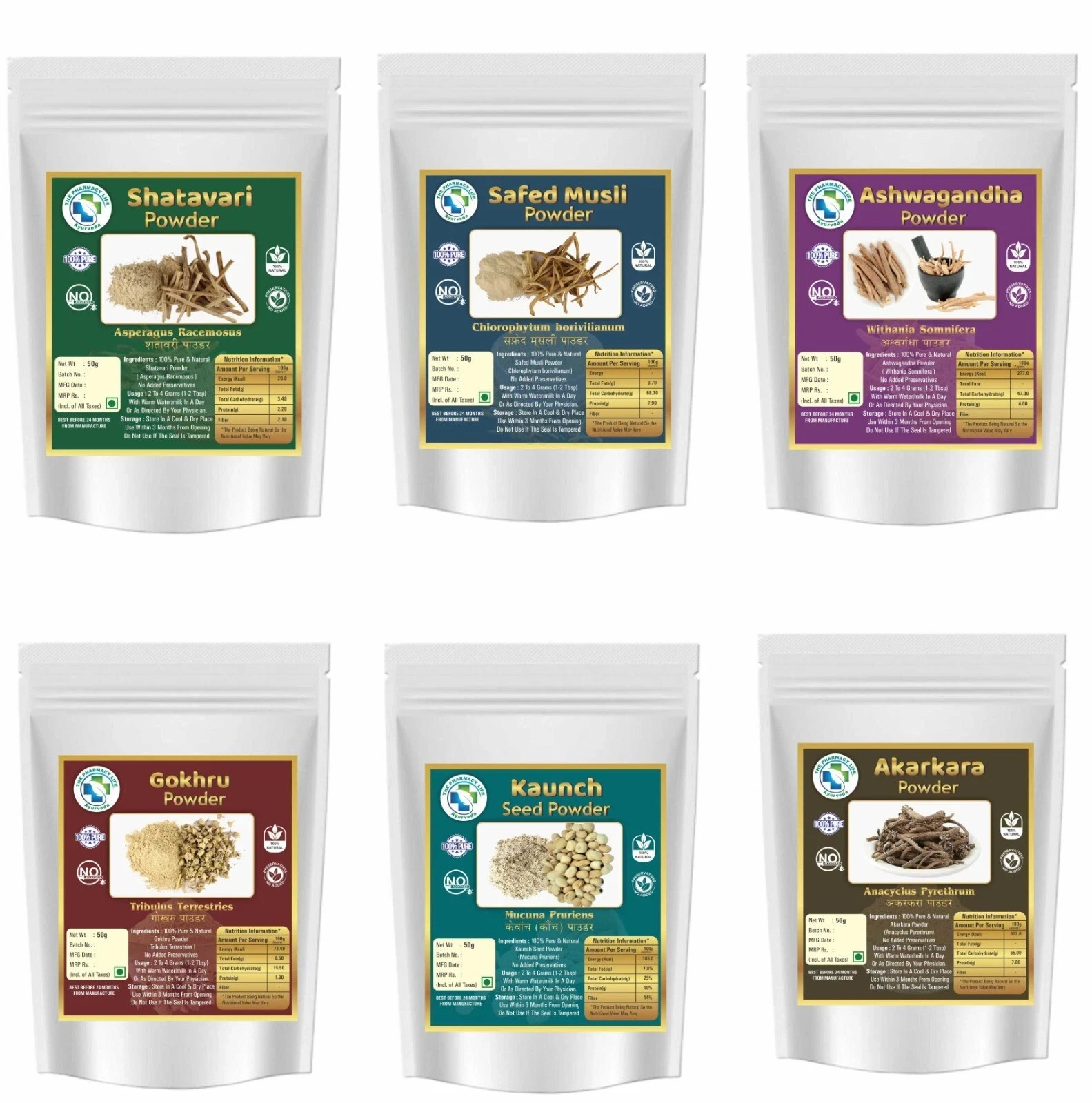 Safed Musli, Ashwagandha, Shatavari, Kaunch, Gokhru, Akarkara Powder (50gm Each)
