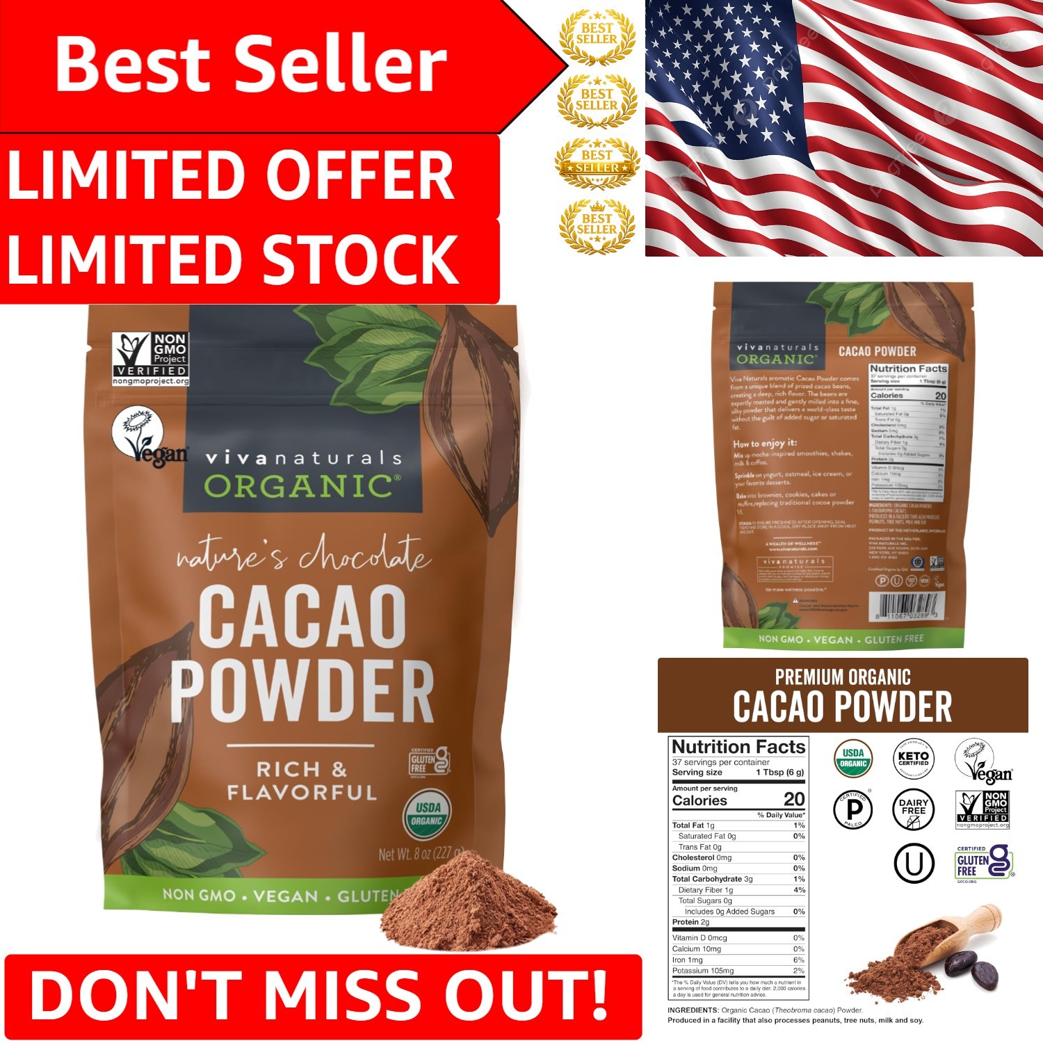 Organic Unsweetened Cacao Powder 8 oz – Rich Dark Chocolate Flavor for Baking