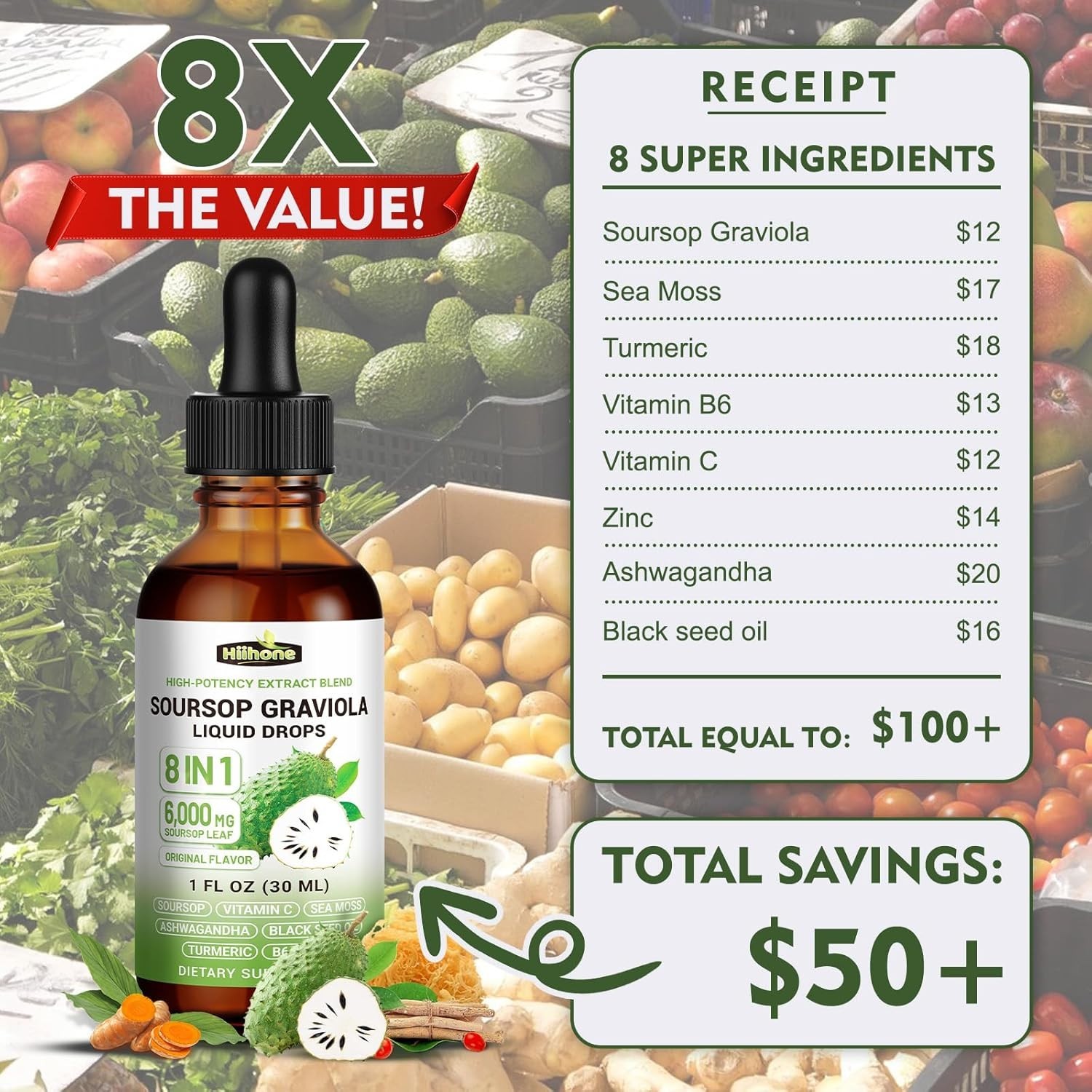 Nourishing 8 in 1 Graviola Soursop Liquid with Turmeric & Ashwagandha – 1 Fl Oz