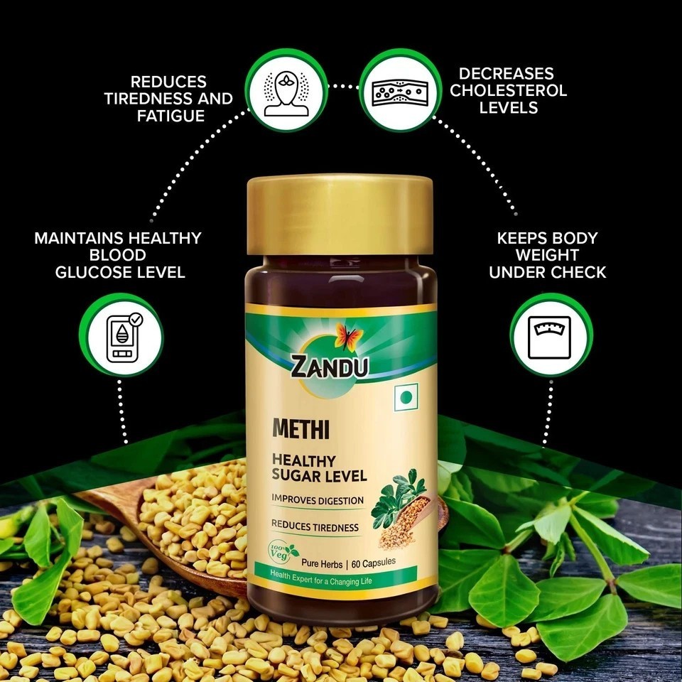 Zandu Methi Capsules (Fenugreek), Extracts of Methi (60 Veg Capsules x 2) U494
