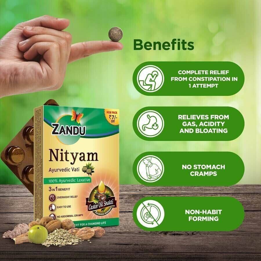 12 pack X Zandu Ayurvedic Nityam Tablets (10Tabs) for Constipation, Gas, Acidity