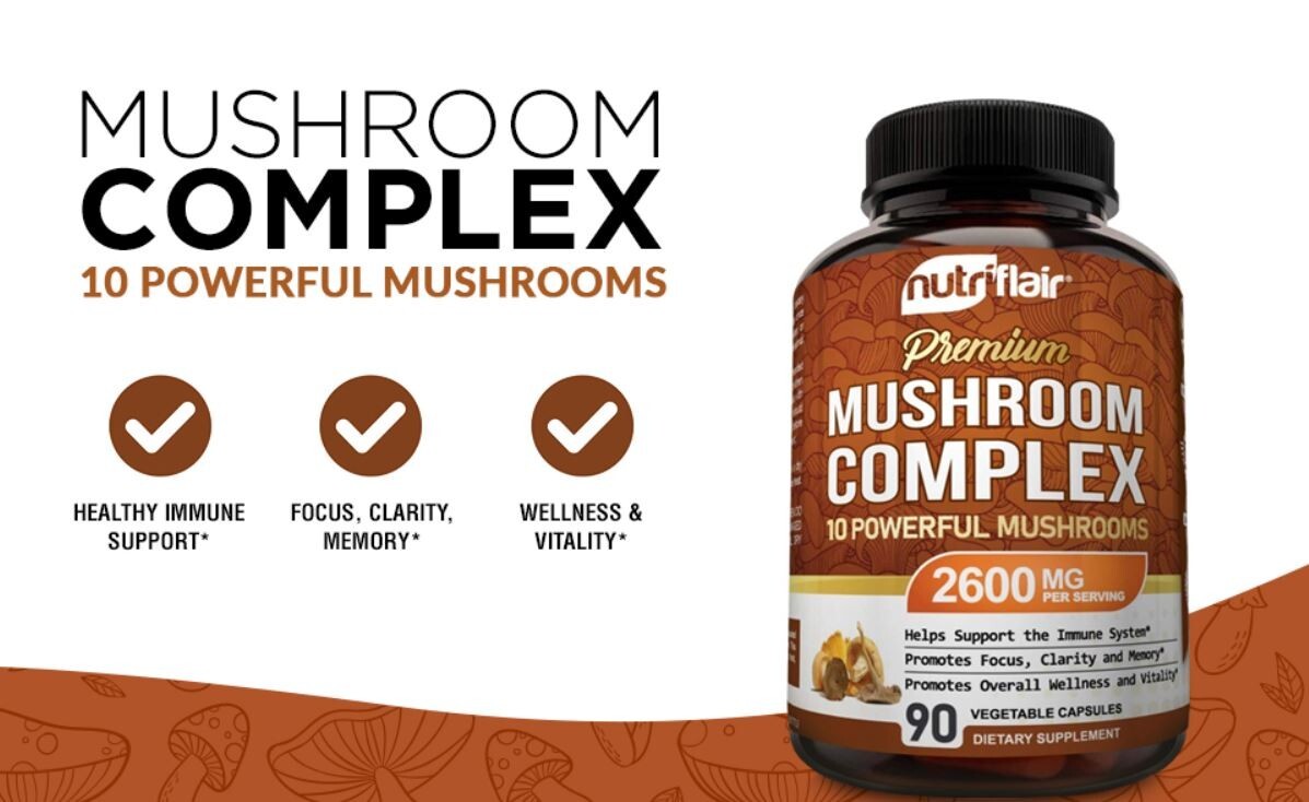 Mushroom Complex Supplement 2600mg, 10 in 1 Reishi, Lions Mane, Cordyceps, Chaga