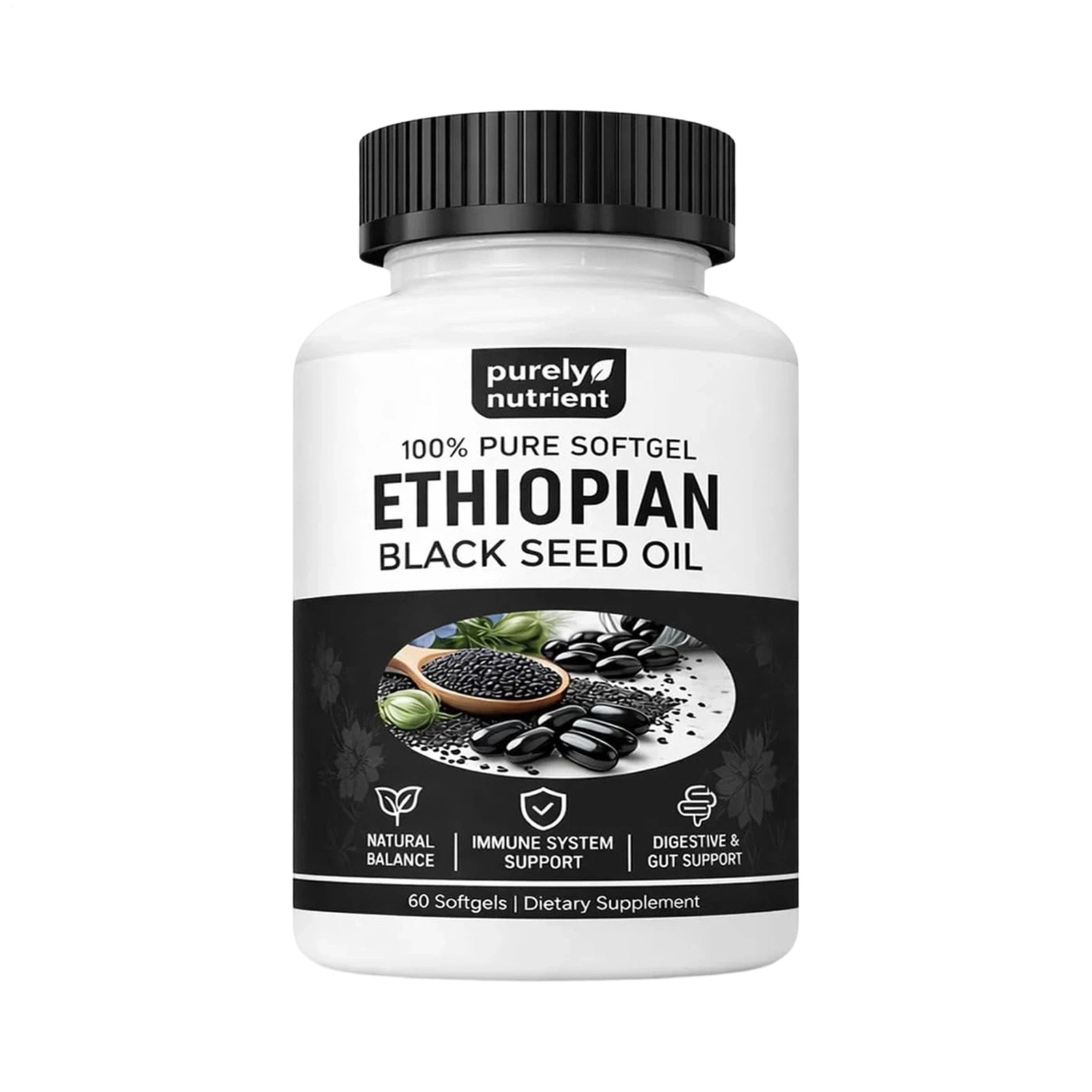 Ethiopian Black Seed Oil Softgels |4.64% |Gluten-Free, Thymoquinone 60 Capsules