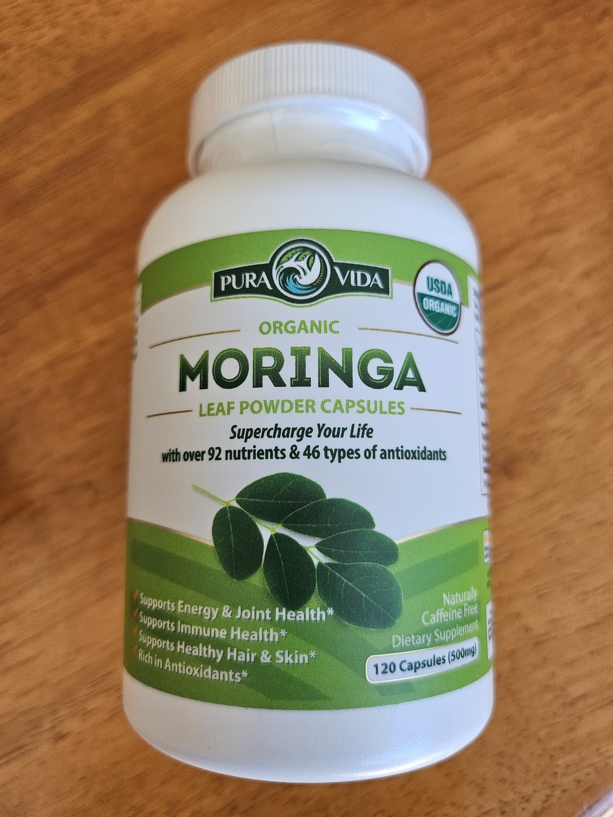 PURA VIDA MORINGA Organic Moringa Capsules, Pure Moringa Leaf Powder 120ct, 500m