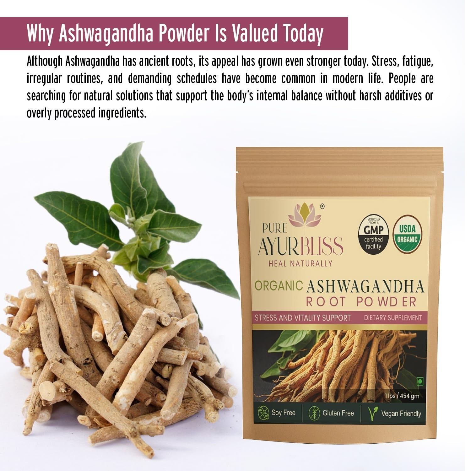 Organic Ashwagandha Powder 16oz – Stress Relief, Energy Boost, Hormone Balance,