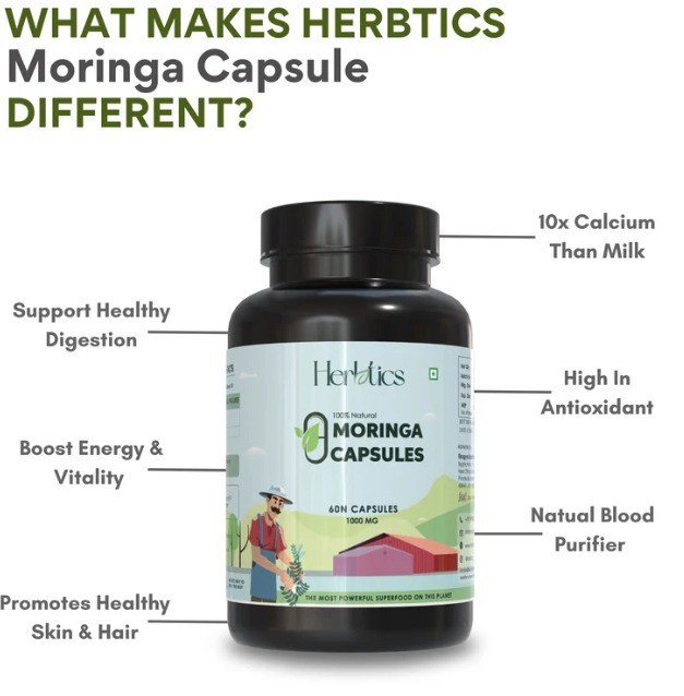 Herbtics Moringa Capsules – 100% Natural Superfood | Vegan Herbal Supplement 60N
