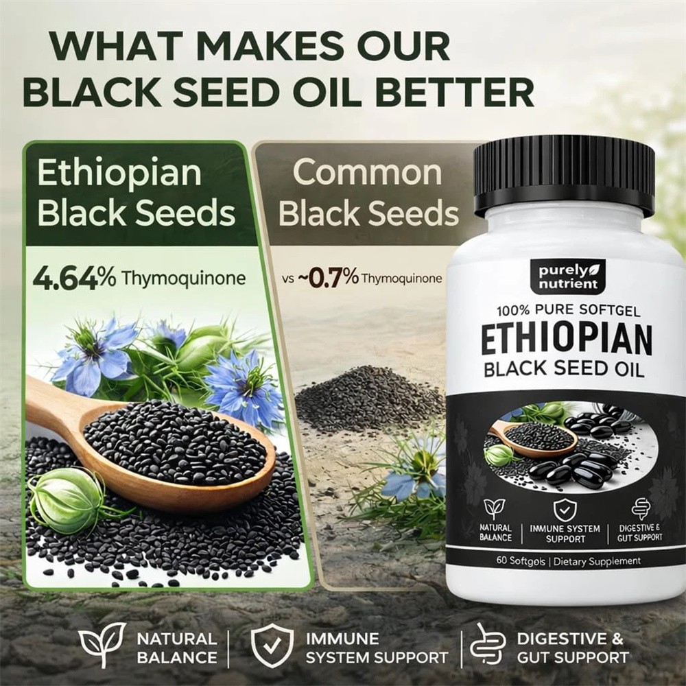 Ethiopian Black Seed Oil Softgels |4.64% Thymoquinone | Non-Gmo, Gluten-Free,60