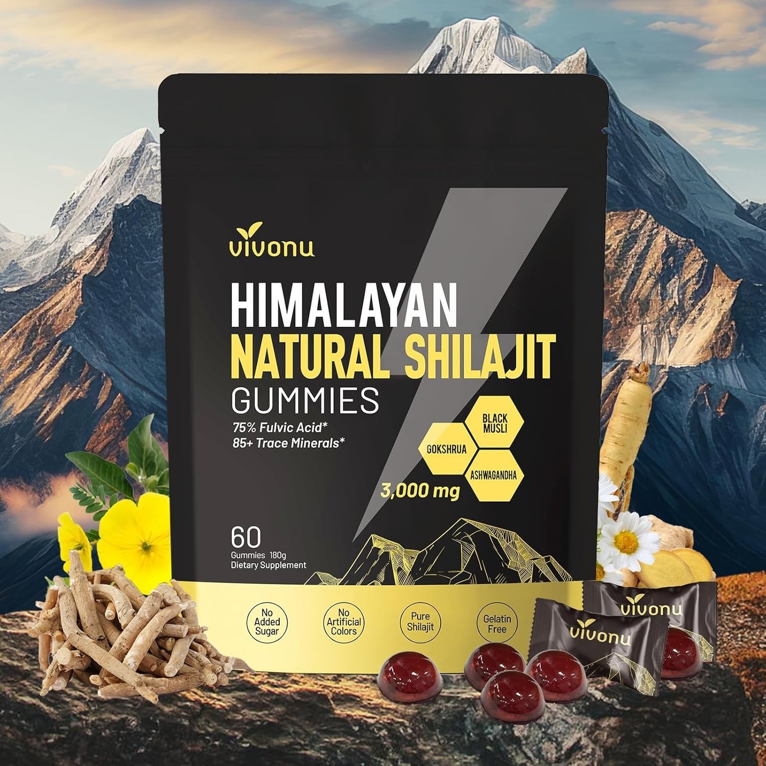 Himalayan Shilajit Gummies 3000mg, Ashwagandha, Fulvic Acid, 60 Count