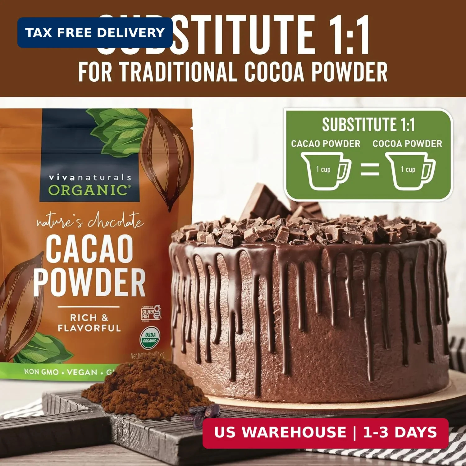 Organic Cacao Powder, Unsweetened, 1 lb (454 g) – Rich Dark Chocolate Flavor
