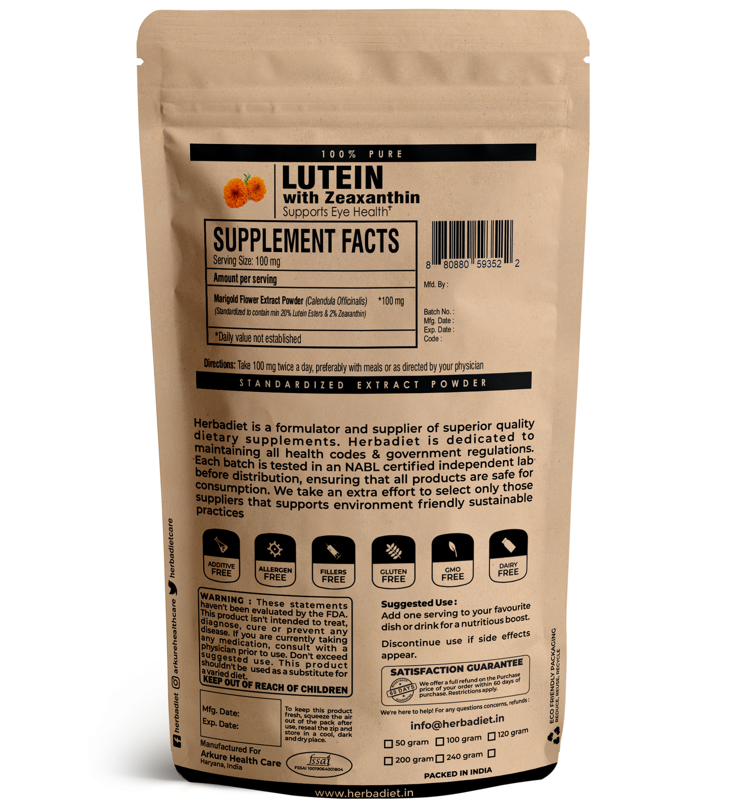 Marigold Extract Powder 20% Lutein with Zeaxanthin Antioxidant Eye Health 50g