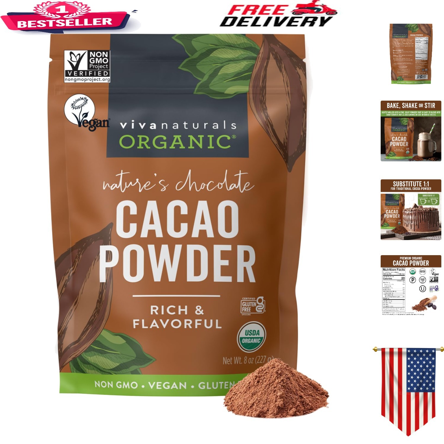 Organic Unsweetened Cacao Powder – Rich Dark Chocolate for Baking & Smoothies…