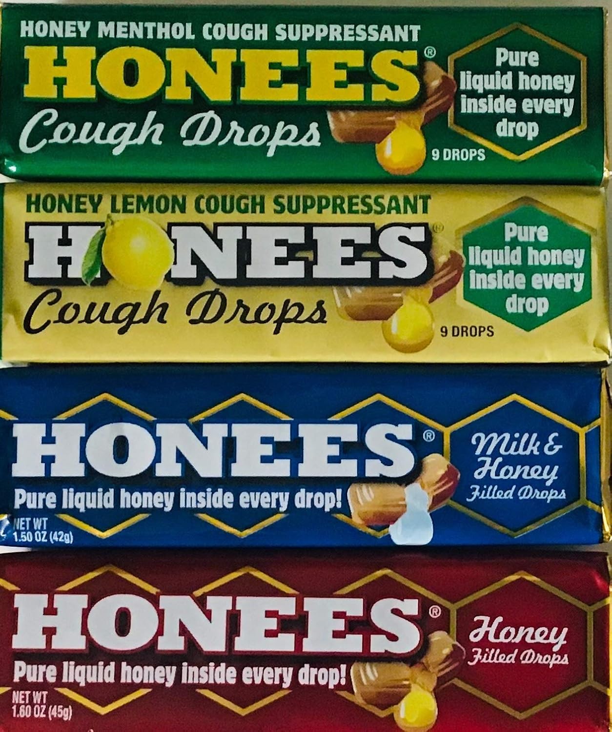Honees Honey Filled Drops, Variety Pack (Honey, Milk & Honey, 4 Pack-36 Drops