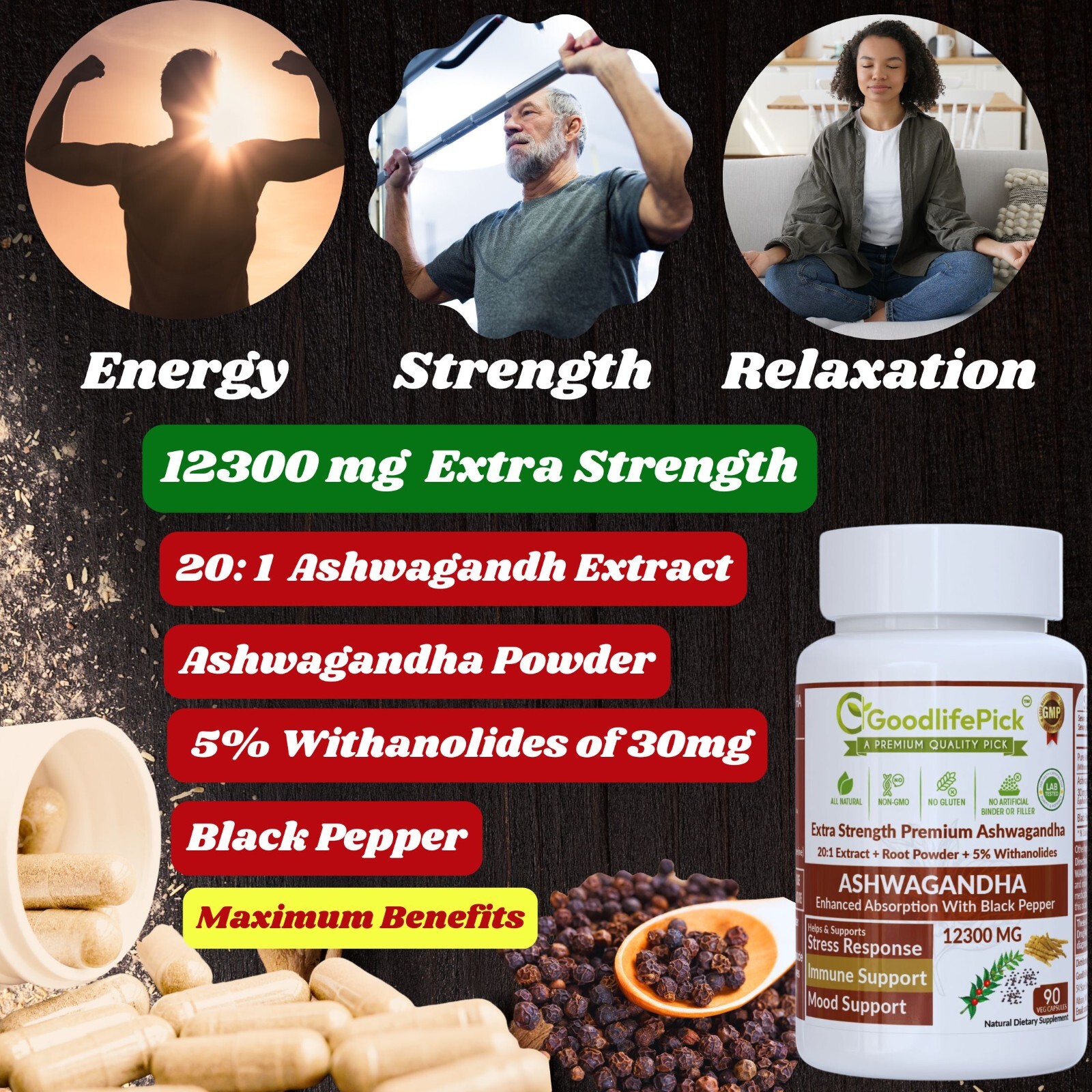 Best Ashwagandha 12300 mg with 5% Withanolides Black Pepper 90 cap Max Benefits