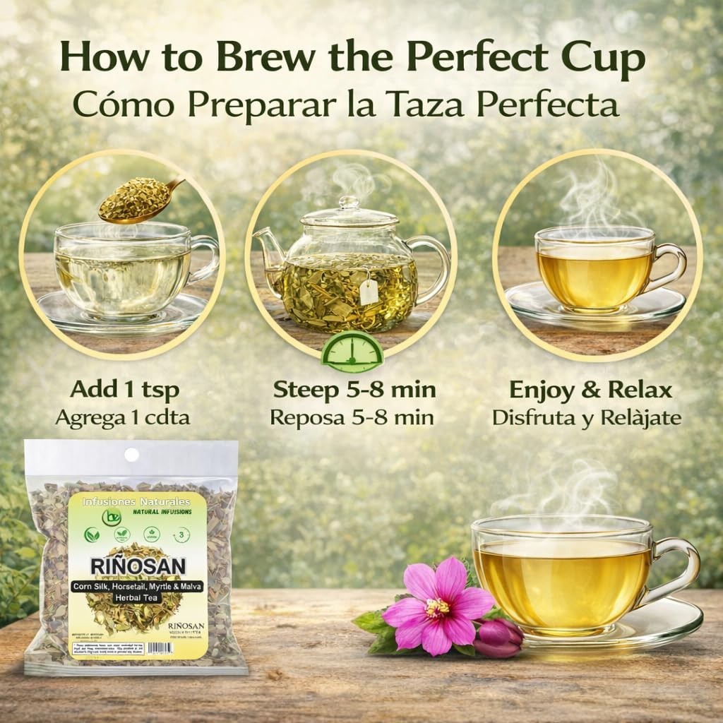 Riñosan Herbal Tea – 4 oz (113g) – Corn Silk, Horsetail, Myrtle & Malva – Caffei