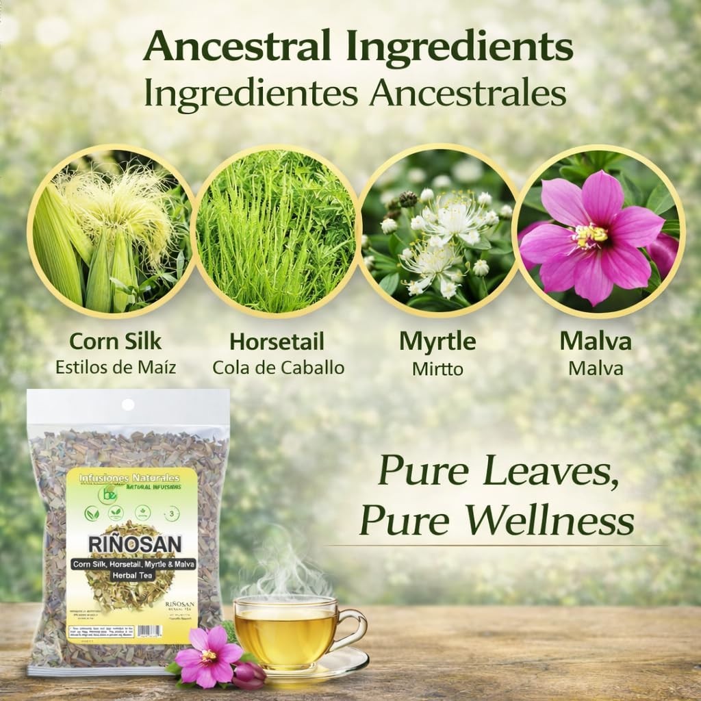Riñosan Herbal Tea – 4 oz (113g) – Corn Silk, Horsetail, Myrtle & Malva – Caffei
