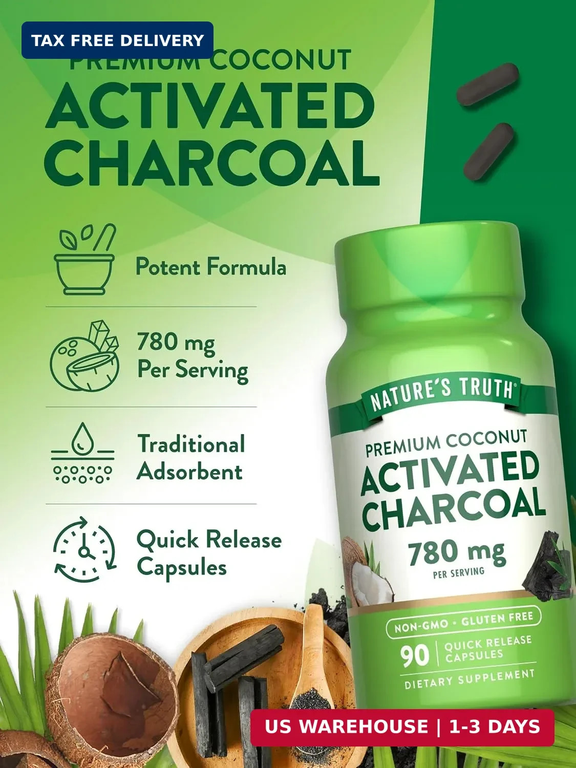 Nature’s Truth Activated Charcoal Capsules | 90 Count | Non-GMO & Gluten Free Su