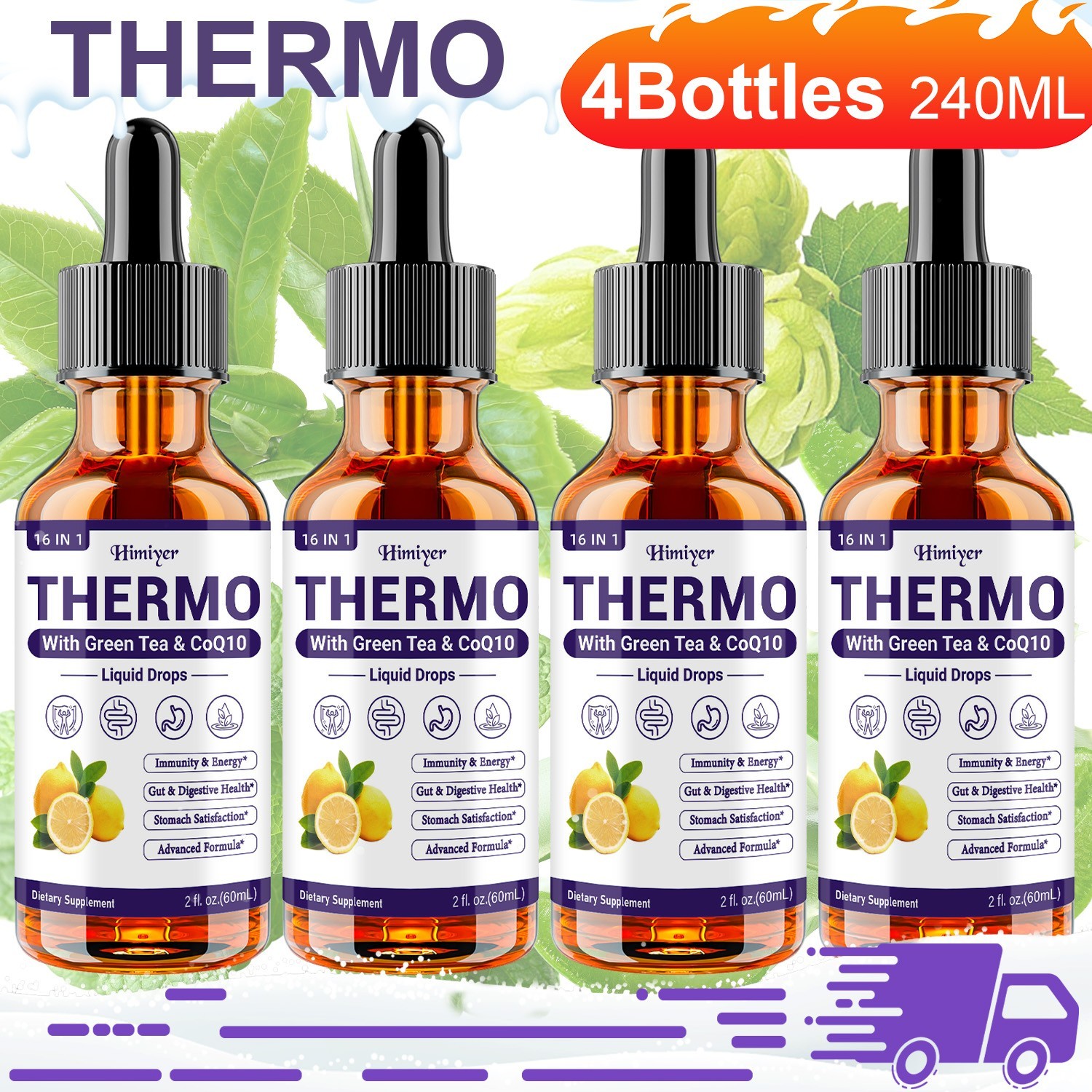 4 Bottles Thermo Liquid Drops Green Tea CoQ10 Energy Support 240ML