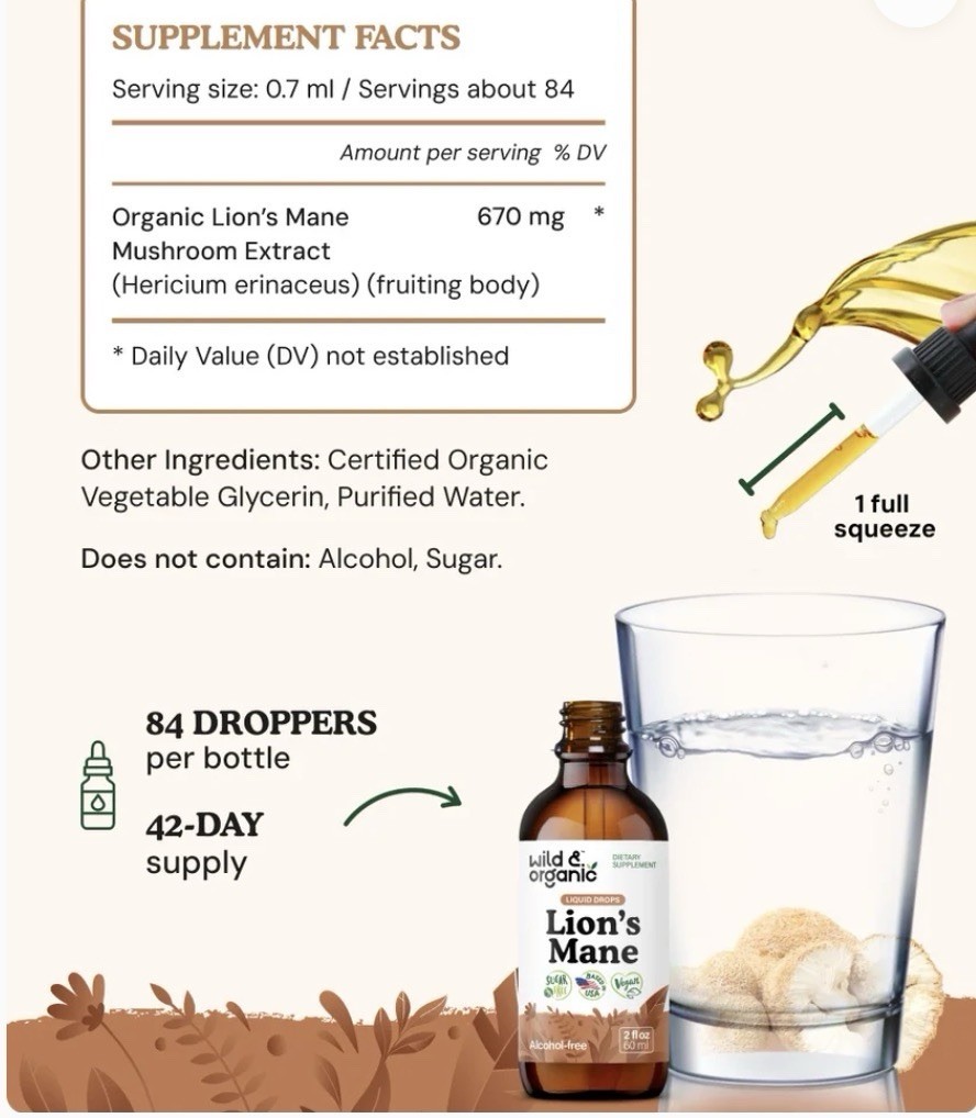 Wild & Organic Lions Mane Liquid Drops – Brain & Focus Support – Lion’s Mane…