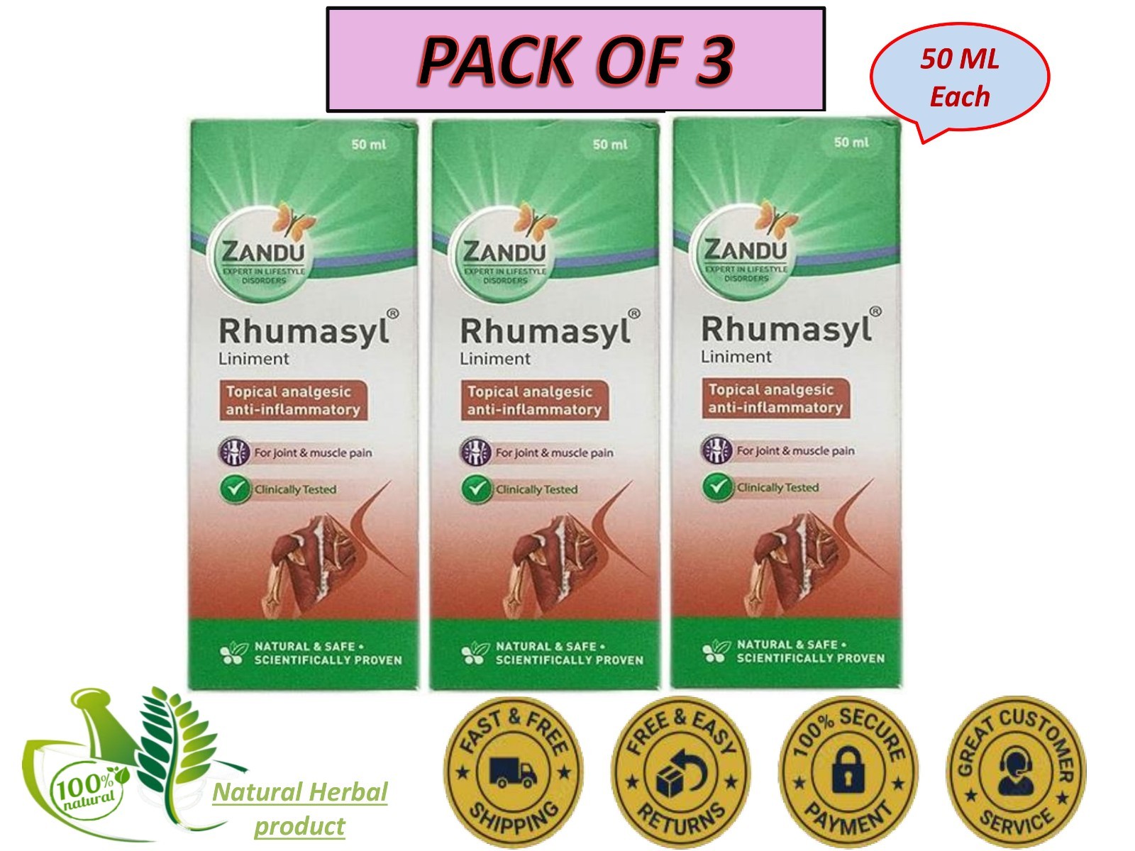 Zandu Rhumasyl Oil Liniment (50ml x3) Ayurvedic Herbal Oil, Joints Pain Wellness