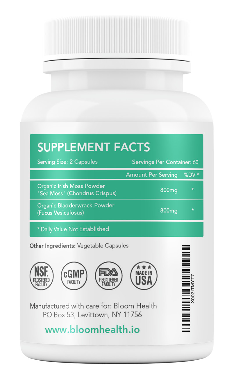 Organic Sea Moss: Thyroid & Liver Support, Detox Gut Health 120 Veg Caps, 1600mg
