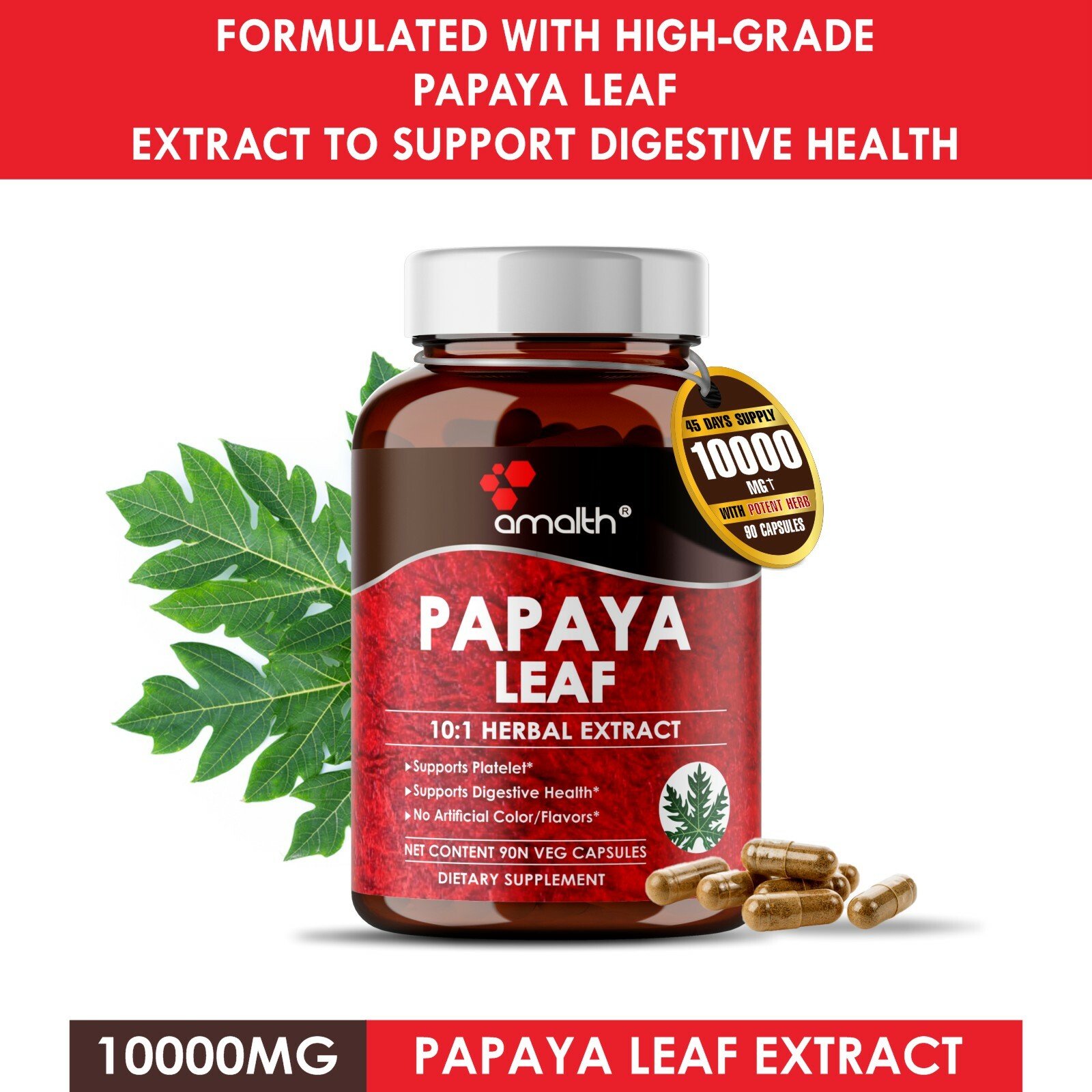 Papaya Leaf Extract Powder Carica Supports Platelet 10000mg Capsules – 90 Pills