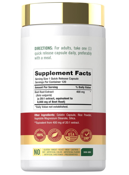 USDA Organic Extra Strength Beet Root 20:1 Extract 8000 mg Strength 120 Capsules