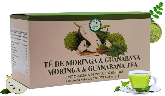 Moringa y guanabana te (té de moringa y guanábana) 25 bolsitas de té, veganas,