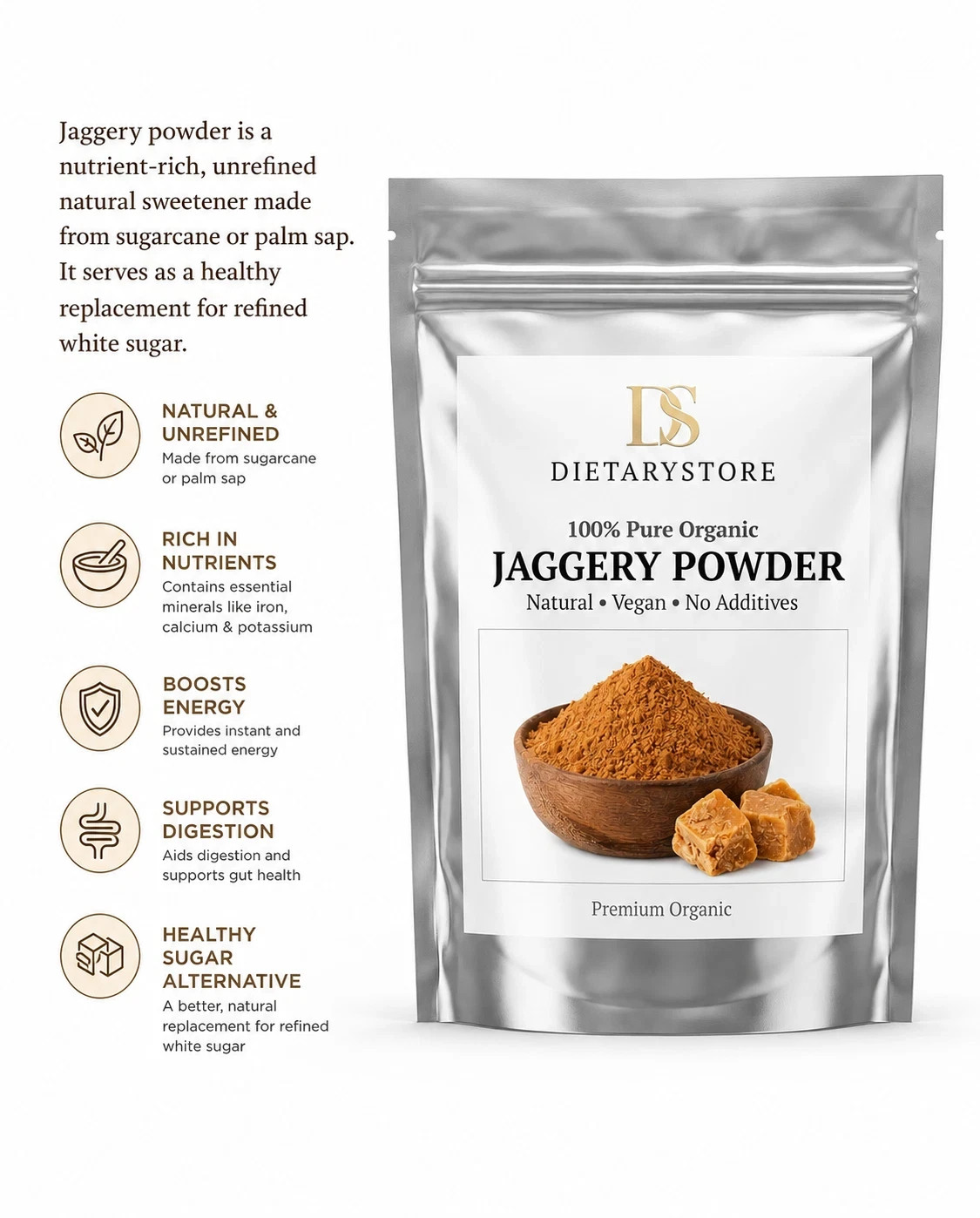 Organic Jaggery Powder Natural Unrefined Cane Sugar Sweetener 100% Pure
