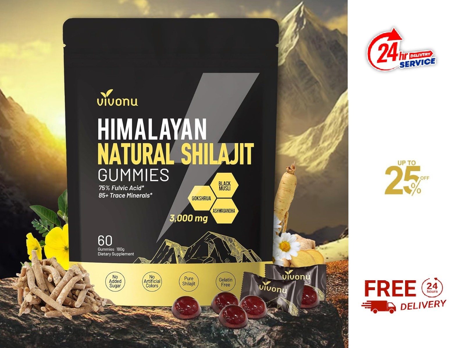 VivoNu Himalayan Shilajit Gummies 3000mg, Ashwagandha, Fulvic Acid, 60 Count