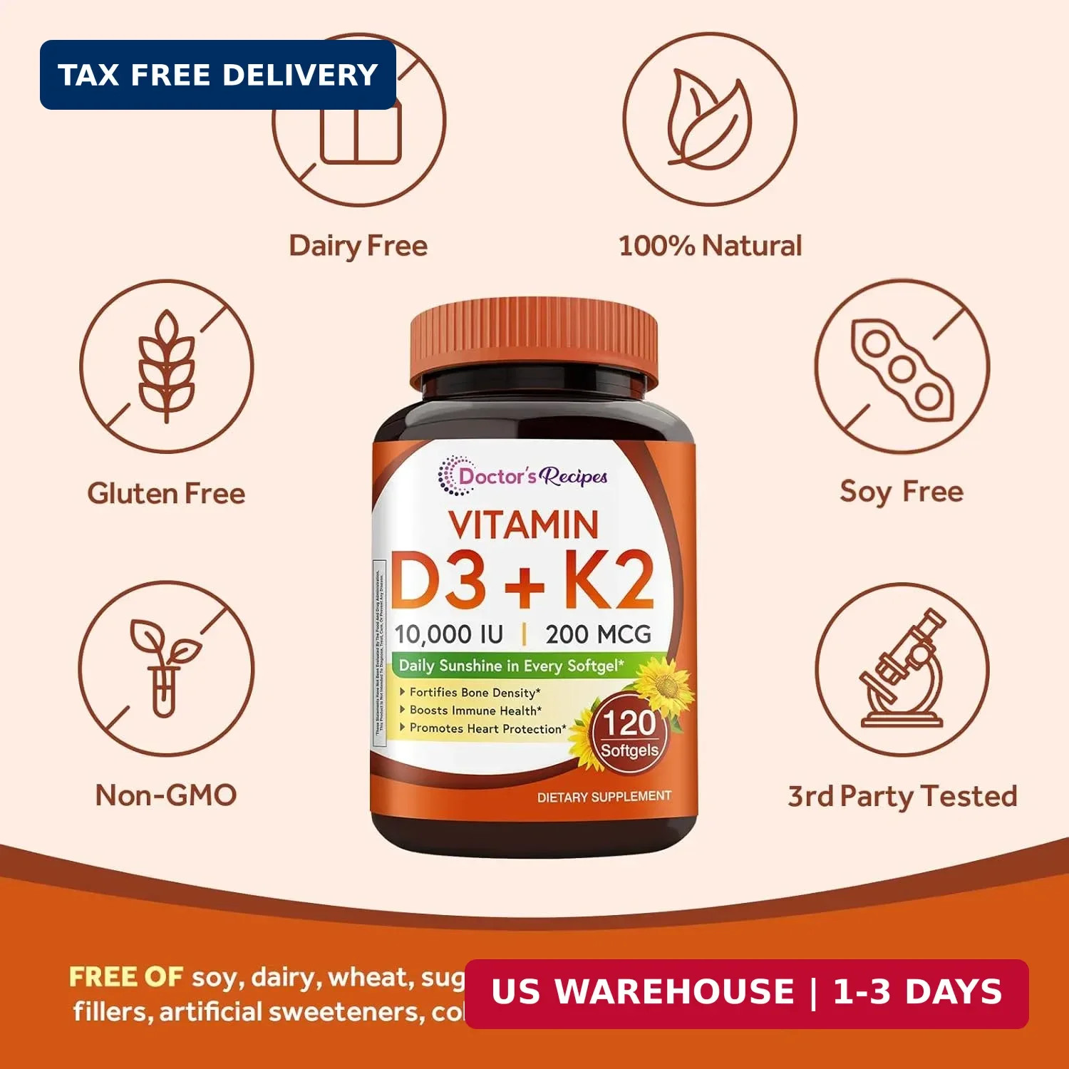 Doctor’s Recipes Vitamin D3 K2, 10,000 IU, 200 mcg, MK-7, Strong Bone Density, T