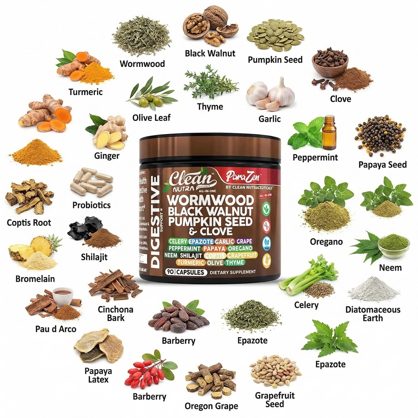 Clean Nutra Wormwood Clove Oil Diatomaceous Earth Turmeric Supplement Capsules