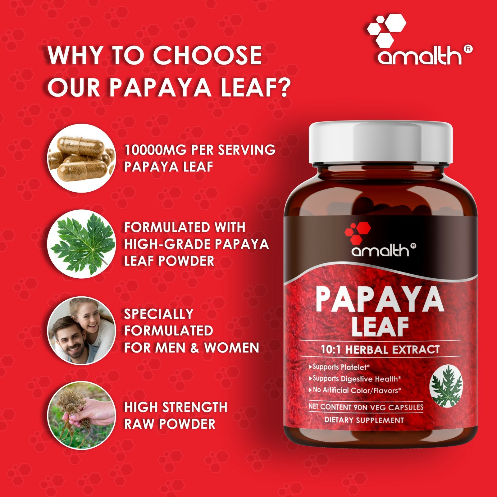 Papaya Leaf Extract Powder Carica Supports Platelet 10000mg Capsules – 90 Pills