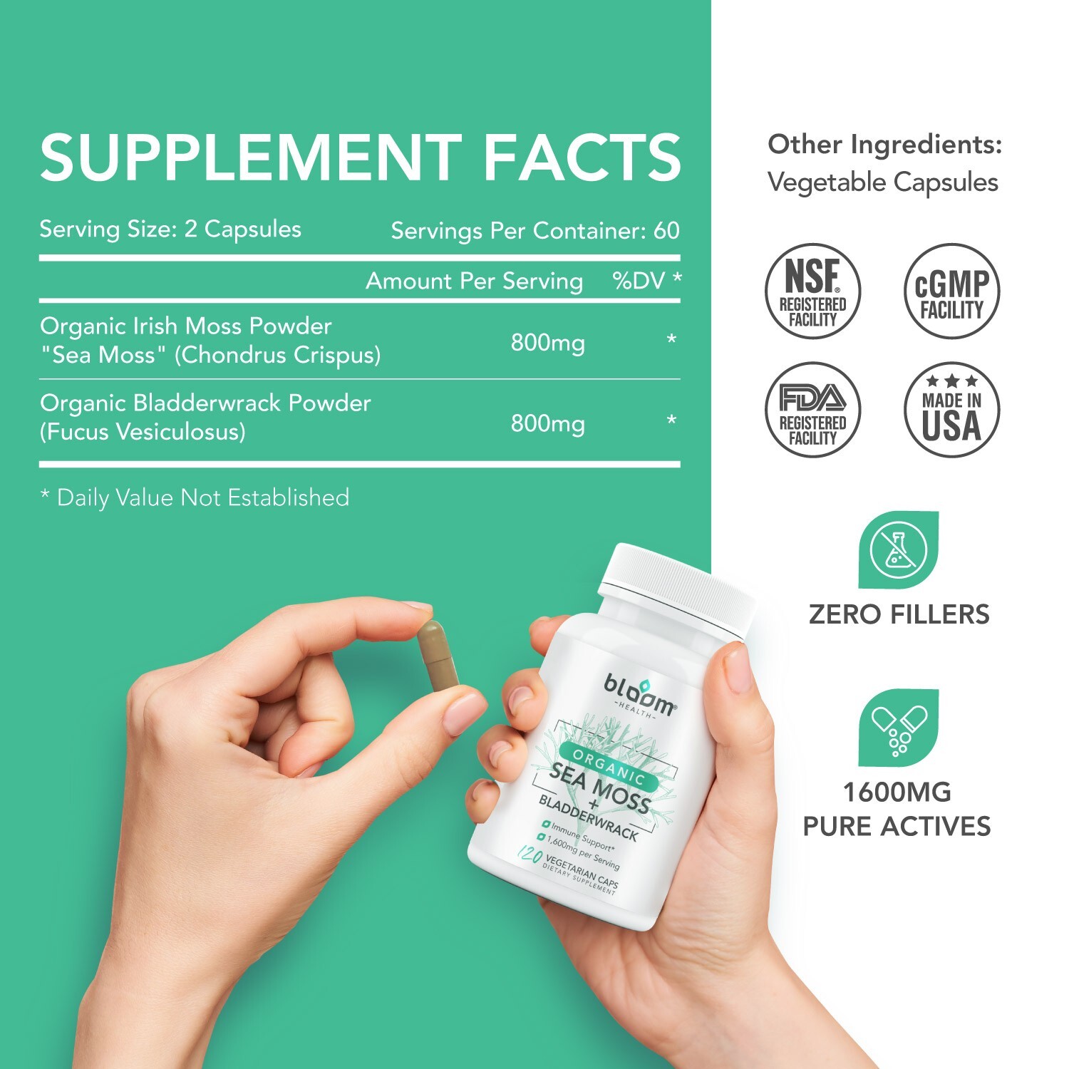 Organic Sea Moss: Thyroid & Liver Support, Detox Gut Health 120 Veg Caps, 1600mg