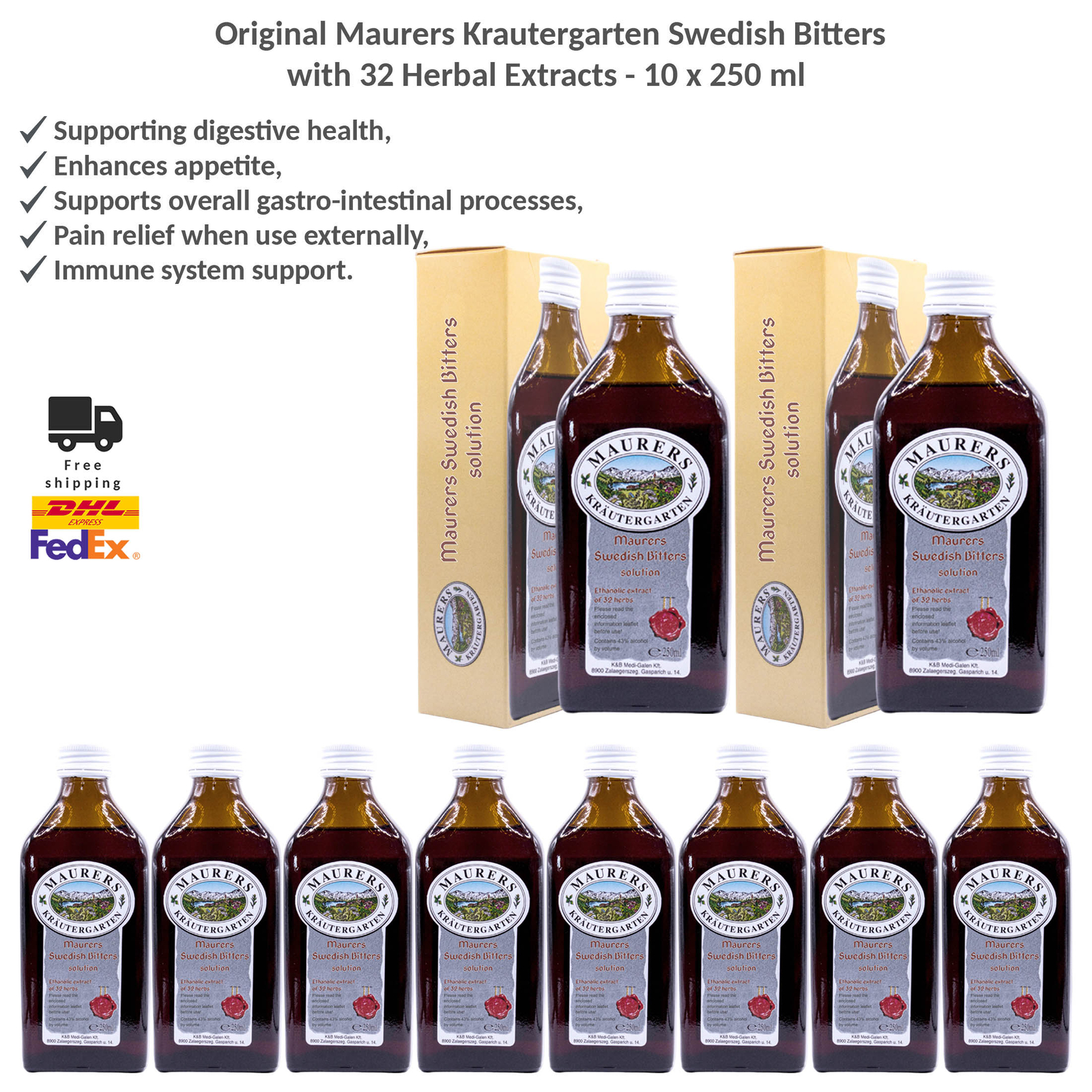 Original Maurers Krautergarten Swedish Bitters with 32 Herbal Extracts 10x250ml