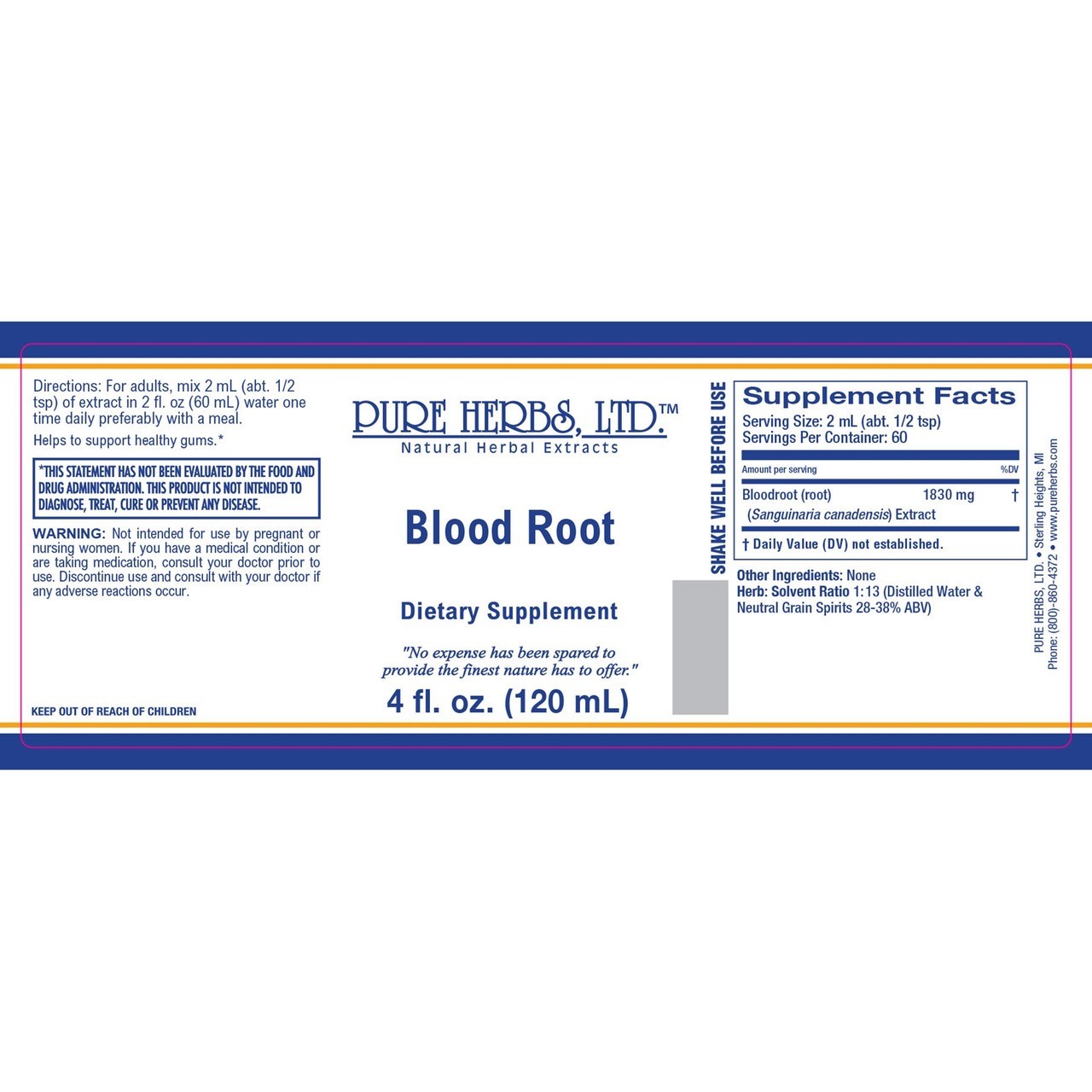 Pure Herbs: Blood Root (Red Root) – 4 oz. (Natural Herbal Extracts)