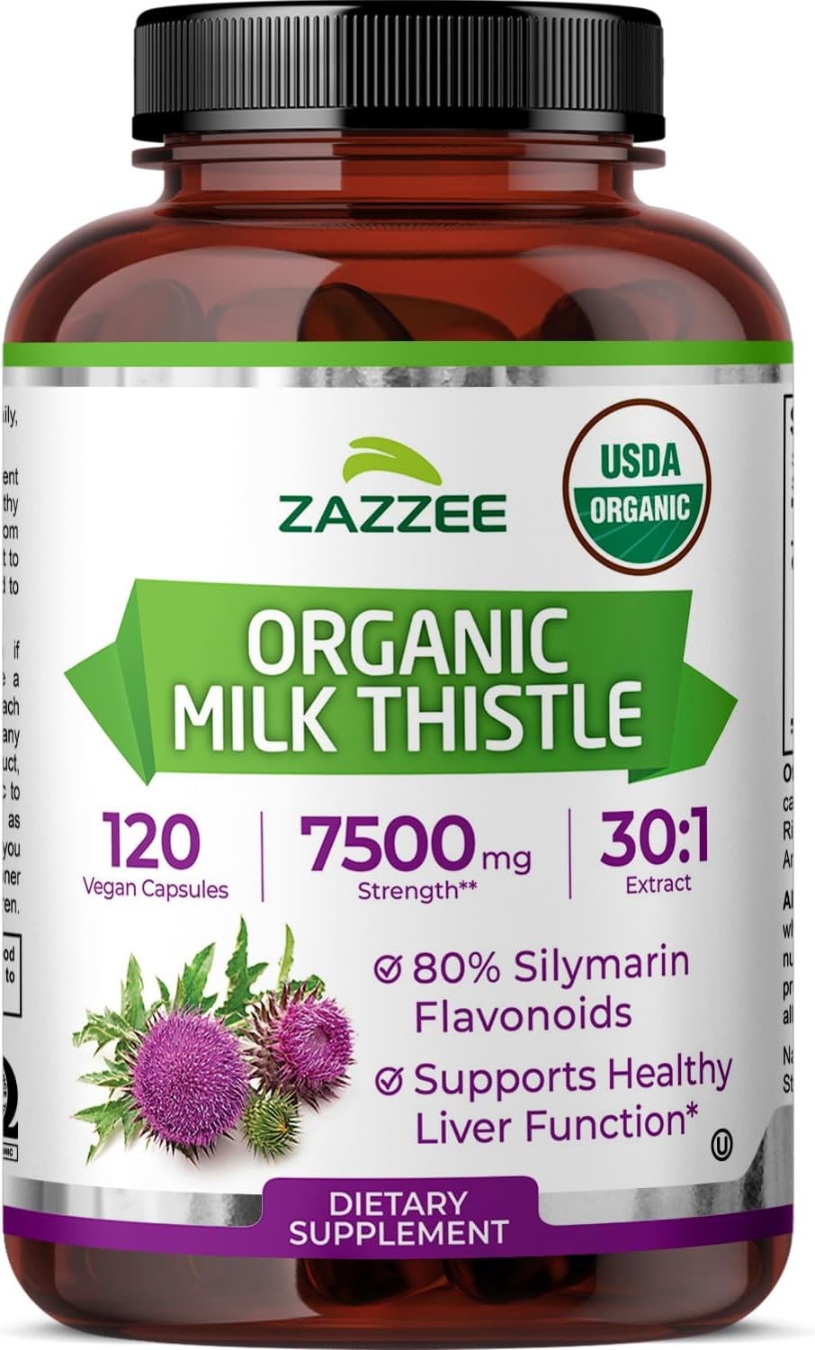 Zazzee USDA Organic Milk Thistle 30:1 Extract, 7500 mg Strength, 120 Vegan Capsu