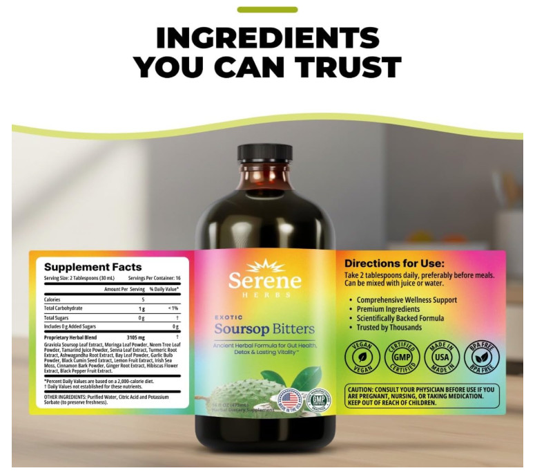 Serene Herbs Soursop Bitters Liquid 16 fl oz Black Seed Moringa Irish Moss