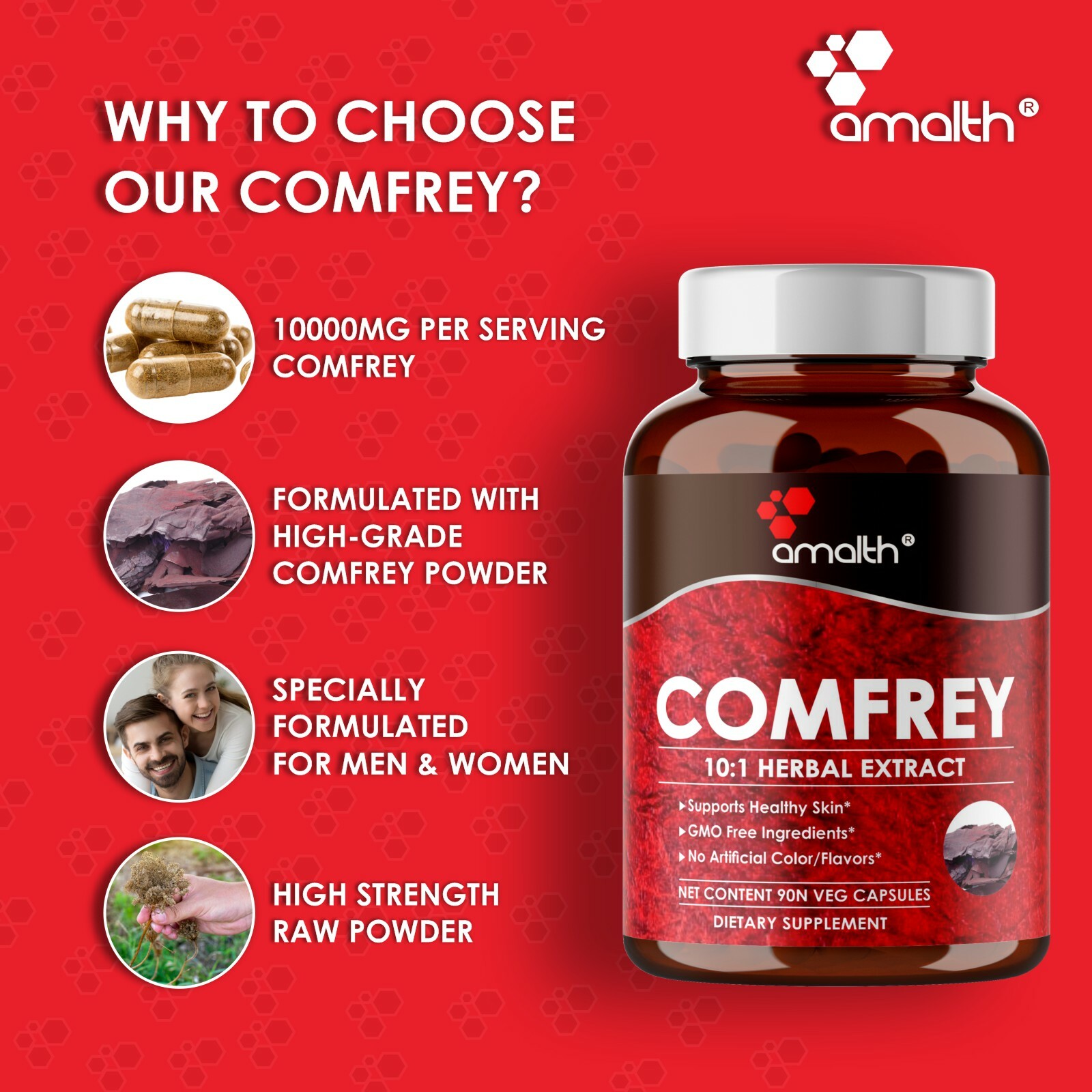Comfrey Root Extract Symphytum 10000mg Capsules – 90 Pills – Healthy Skin