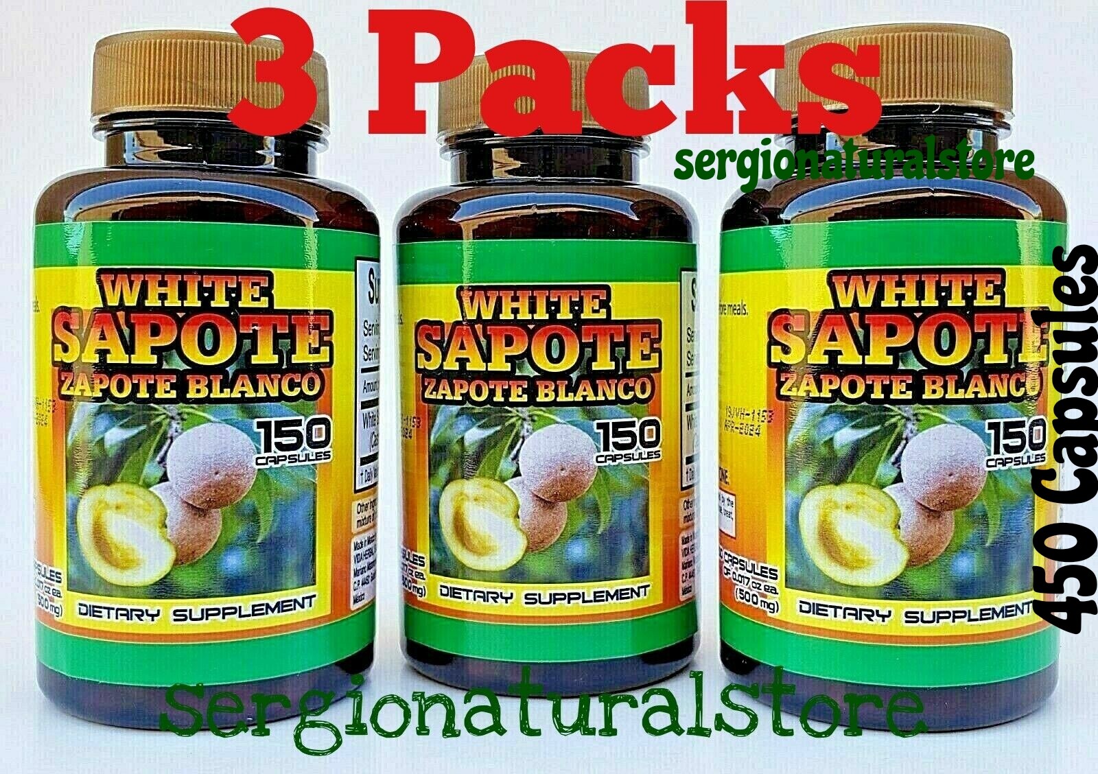 3 Bottles Zapote Blanco / White Zapote 450 Capsules (Casimiroa edulis)