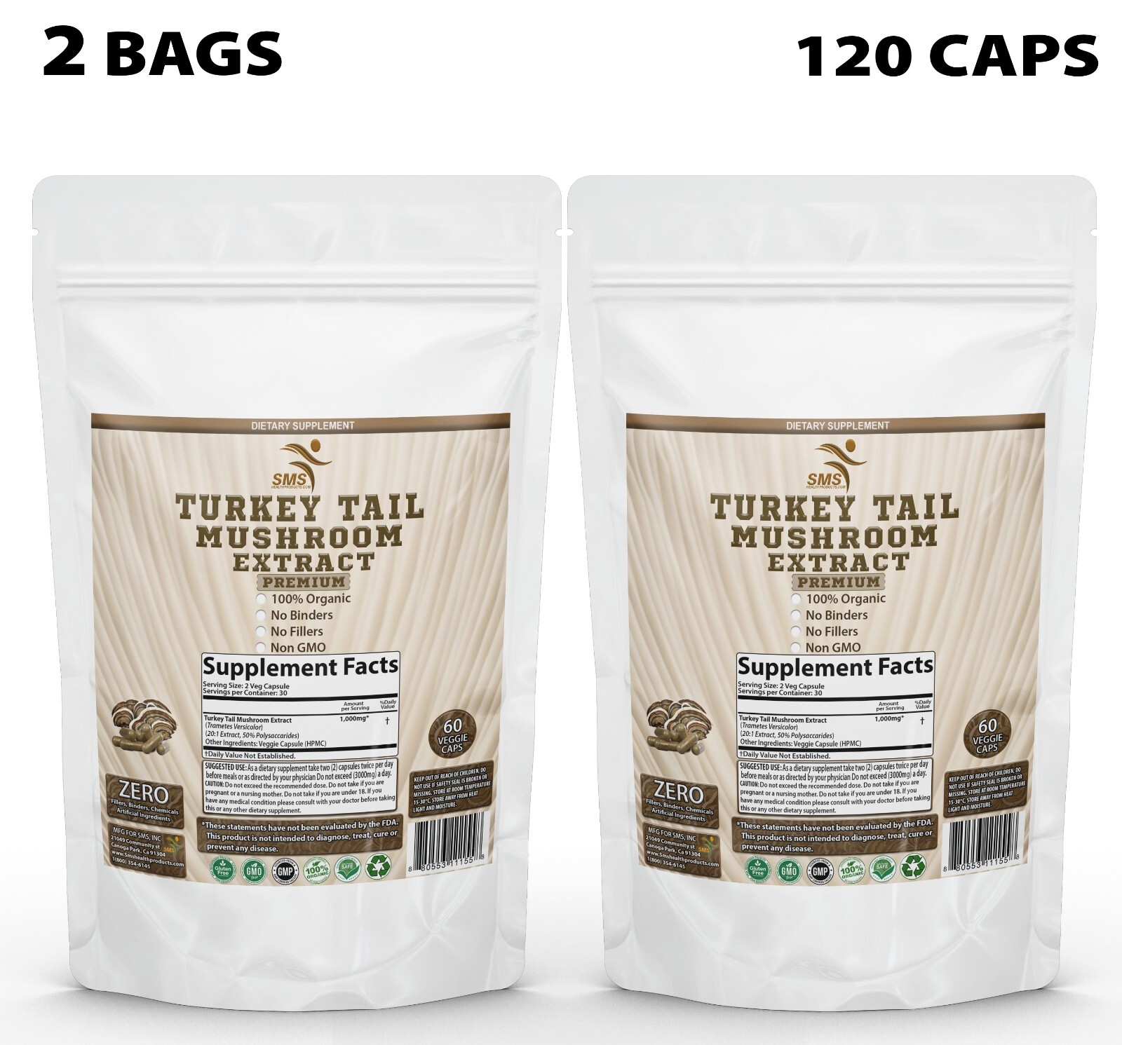 Turkey Tail Mushroom 50% Poly Extract Powder 120 Veggie Capsules Organic Non GMO
