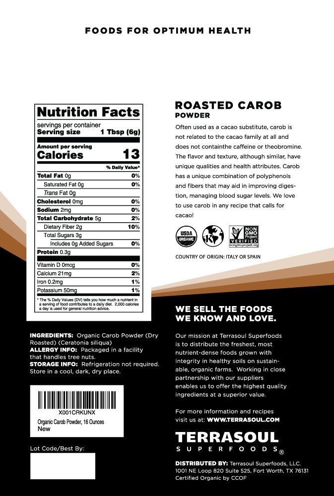Terrasoul Superfoods Organic Carob Powder, 1 Lb Cocoa Powder Alternative | H…