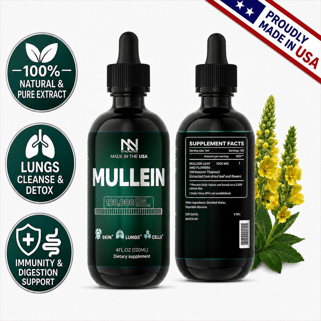 Mullein Leaf Flower Extract Liquid Drops for Lungs 4oz Cleanse Detox Respiratory
